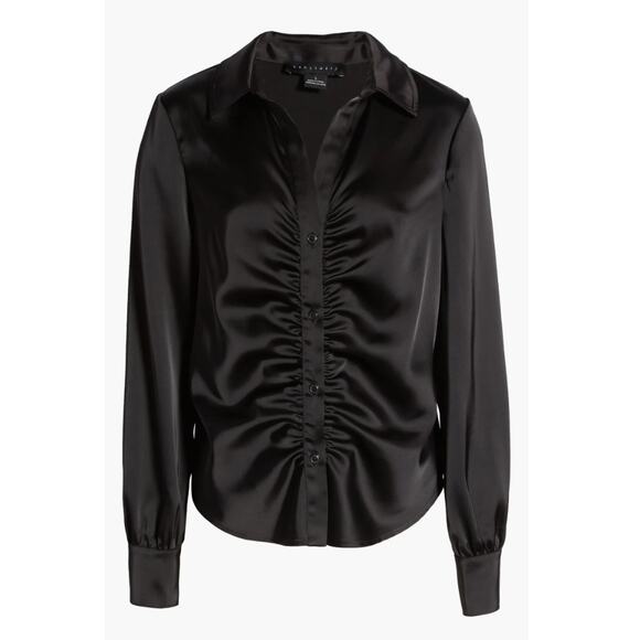 Sanctuary Tops - Sanctuary "Time to Shine" Ruched Satin Button-Up Shirt Blouse | Sz L, Black NEW
